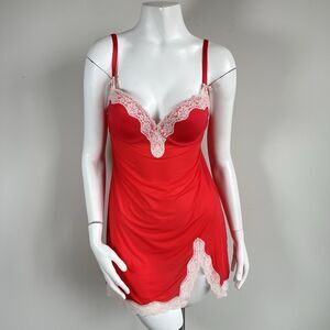 Victoria's Secret Red Padded Underwire 36C Babydoll Chemise Slip Dress Lace Trim